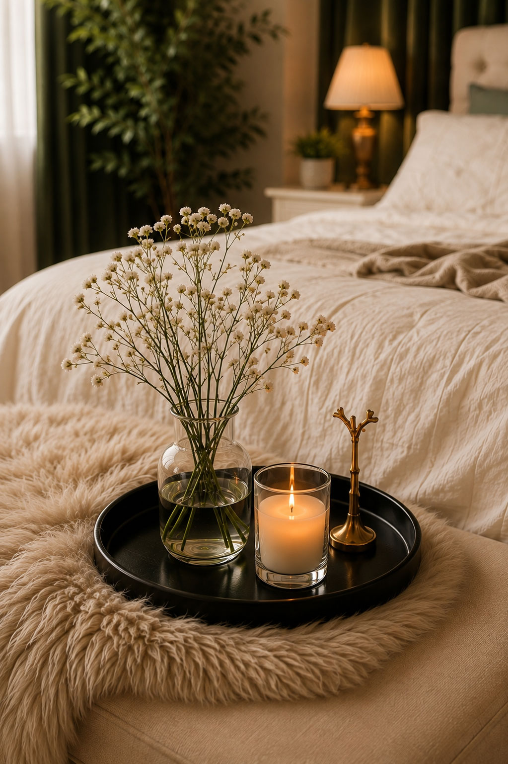 Warm bedroom portrait set inside Zoom Photo Studio