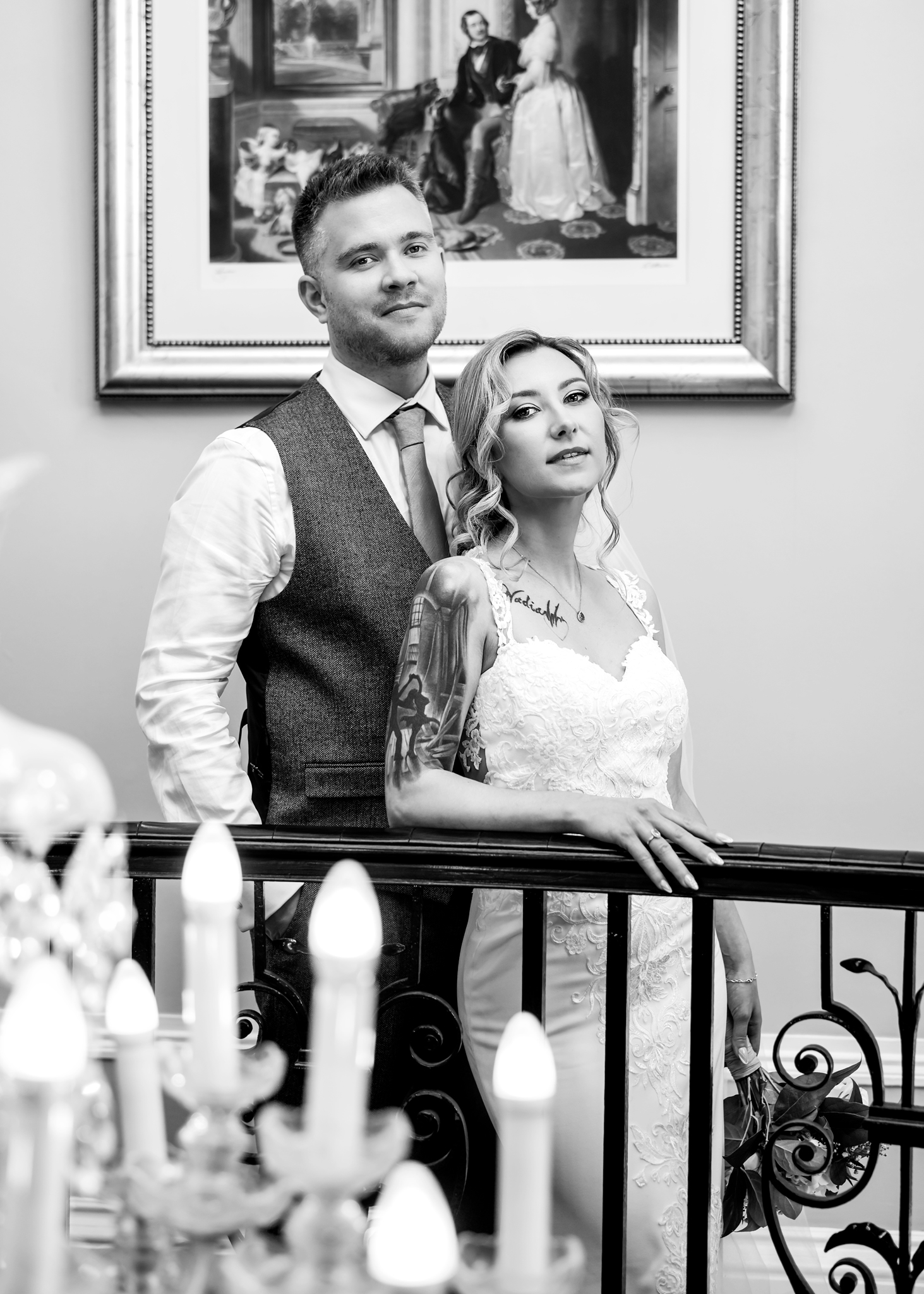 Relaxed black and white wedding portrait